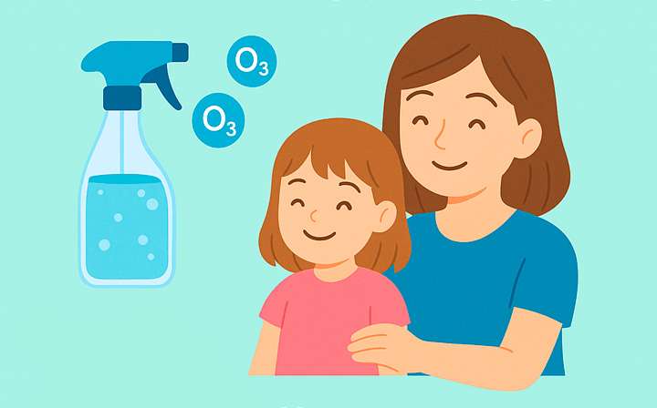 Ilustração de uma mãe e uma criança sorridentes com um pulverizador de água ozonizada.