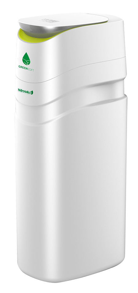 Descalcificador de água GREENSOFT da Hidrosalud em forma de torre branca.