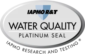 Logotipo de certificação "water quality - platinium seal" da IAPMO R&T do descalcificador Genesis System