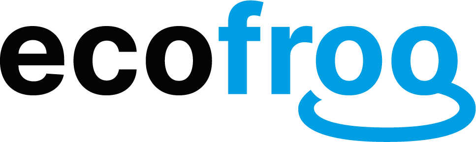 Logótipo da marca ECOFROG nas cores preto e azul ciano.